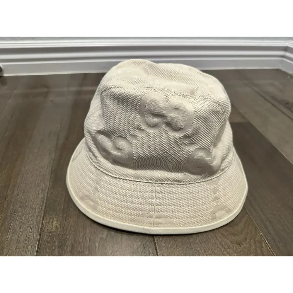 AUTHENTIC GUCCI JUMBO GG BUCKET HAT IVORY/CREAM MONOGRAM 651256 SZ M 57